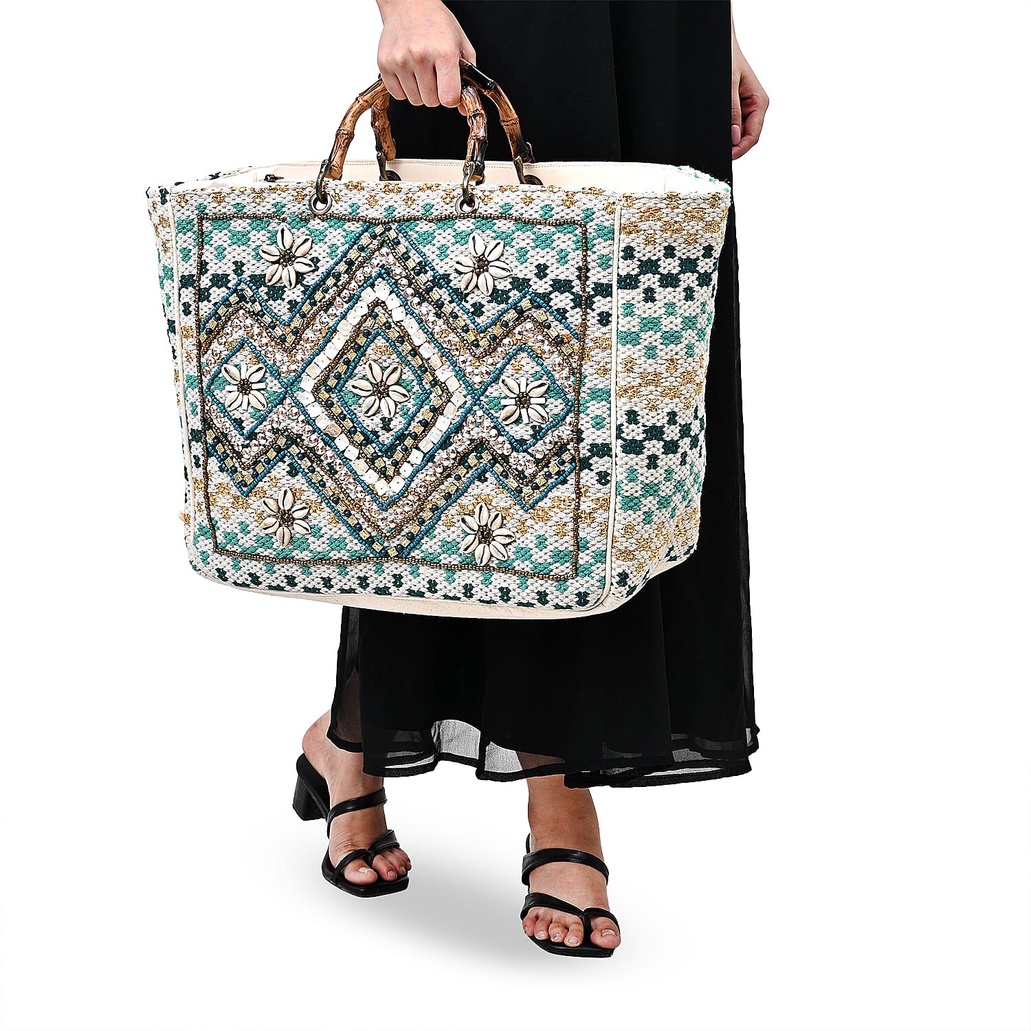 La Marey Blue Cotton Hand Embroidered Beaded Diamond Pattern Tote bag with Bamboo Handle