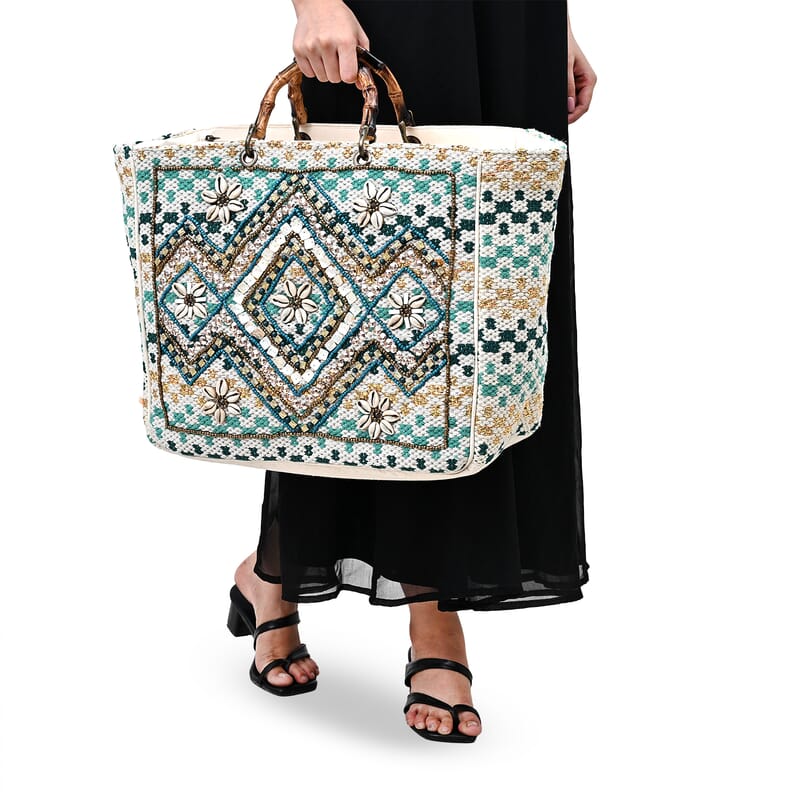 La Marey Blue Cotton Hand Embroidered Beaded Diamond Pattern Tote bag with Bamboo Handle