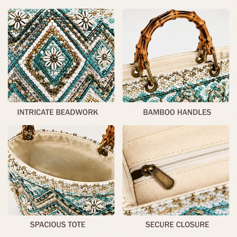 La Marey Blue Cotton Hand Embroidered Beaded Diamond Pattern Tote bag with Bamboo Handle