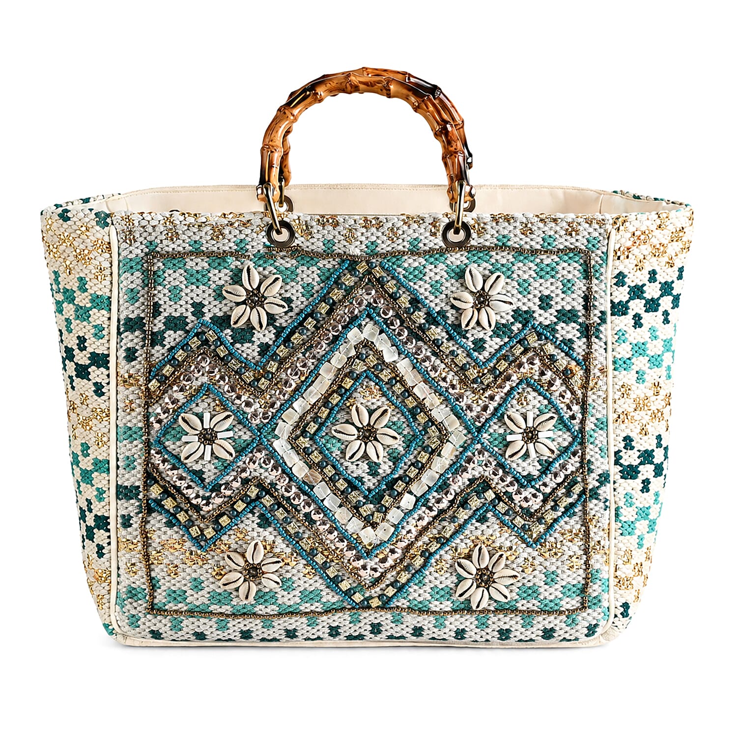 La Marey Blue Cotton Hand Embroidered Beaded Diamond Pattern Tote bag with Bamboo Handle
