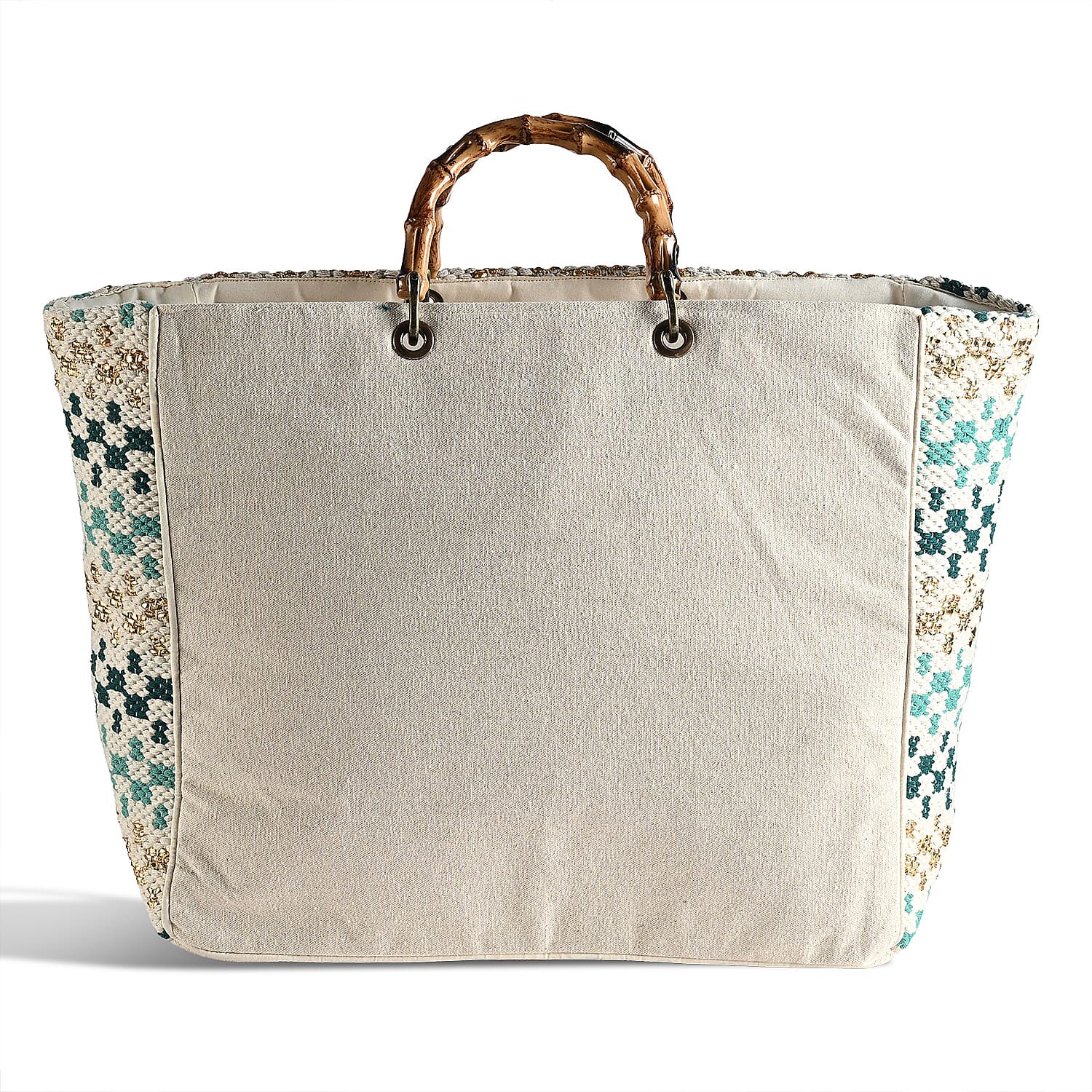 La Marey Blue Cotton Hand Embroidered Beaded Diamond Pattern Tote bag with Bamboo Handle