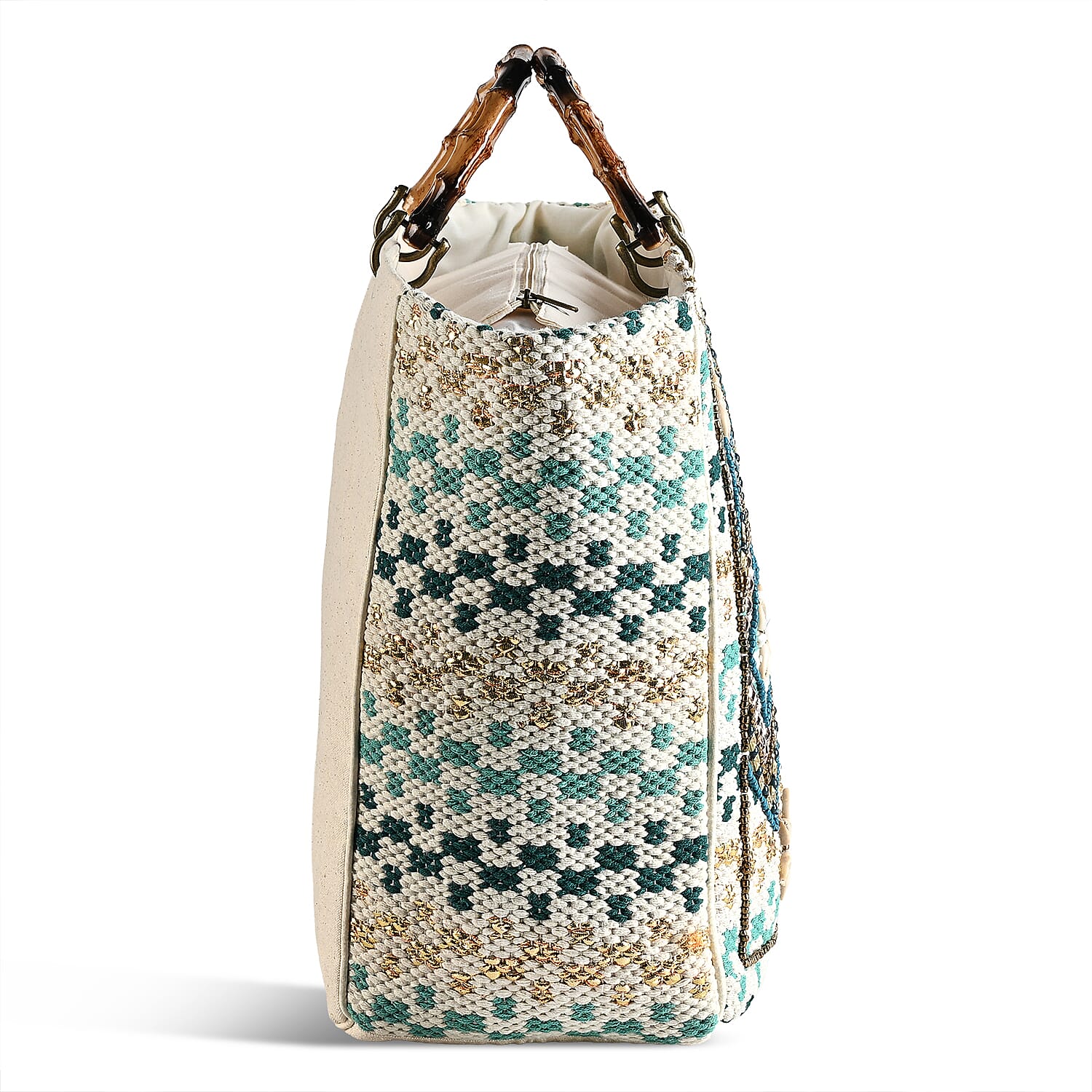 La Marey Blue Cotton Hand Embroidered Beaded Diamond Pattern Tote bag with Bamboo Handle