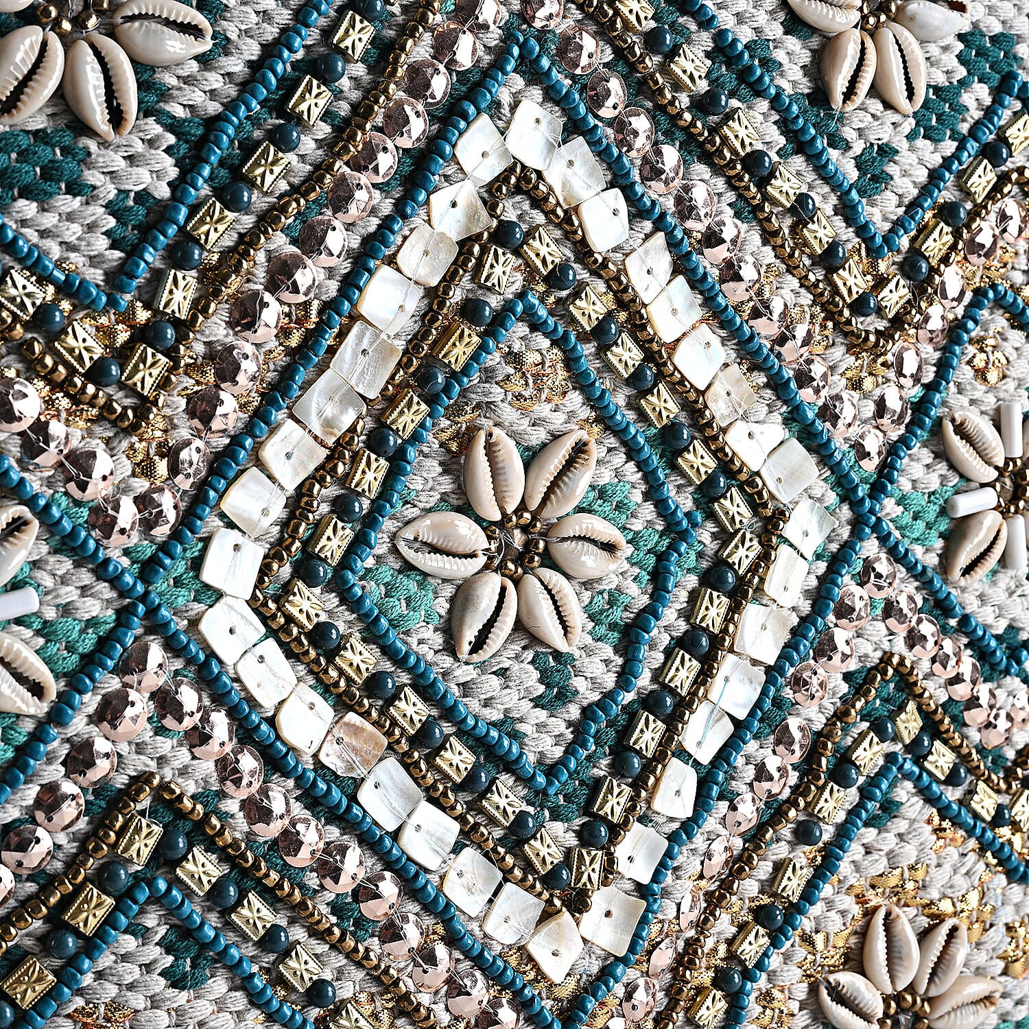 La Marey Blue Cotton Hand Embroidered Beaded Diamond Pattern Tote bag with Bamboo Handle