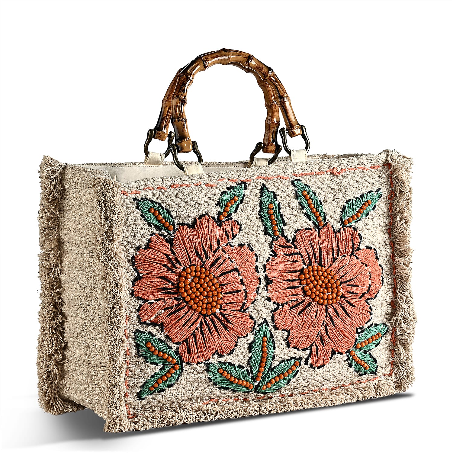 La Marey Beige Cotton Hand Embroidered Daisy Pattern Tote bag with Fringes