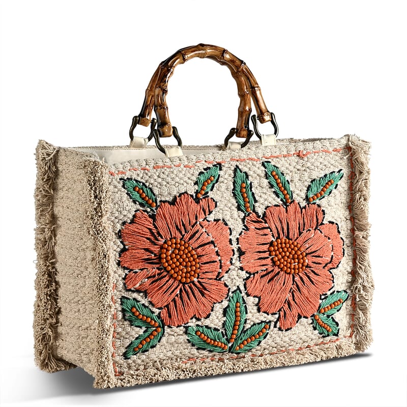 La Marey Beige Cotton Hand Embroidered Daisy Pattern Tote bag with Fringes