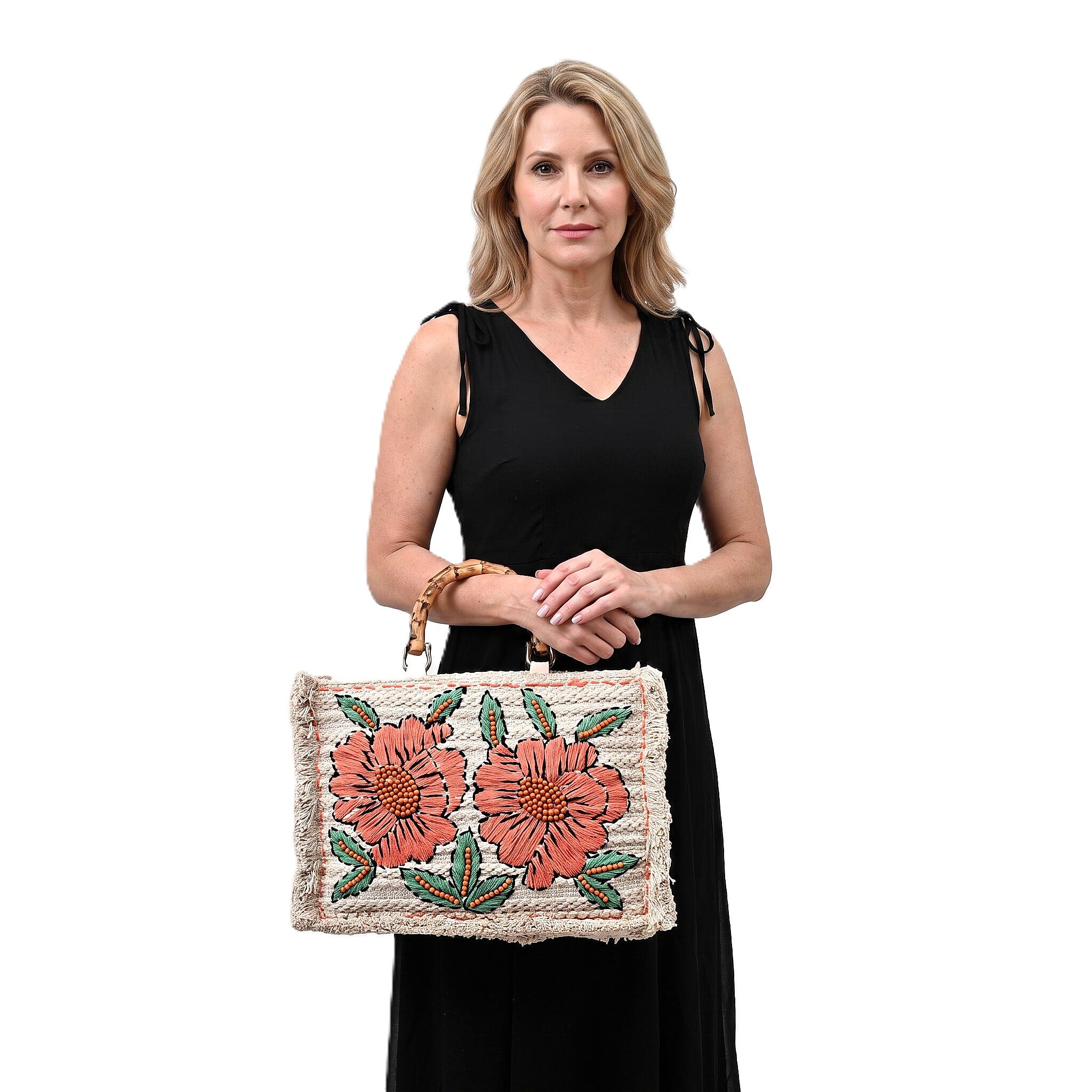 La Marey Beige Cotton Hand Embroidered Daisy Pattern Tote bag with Fringes