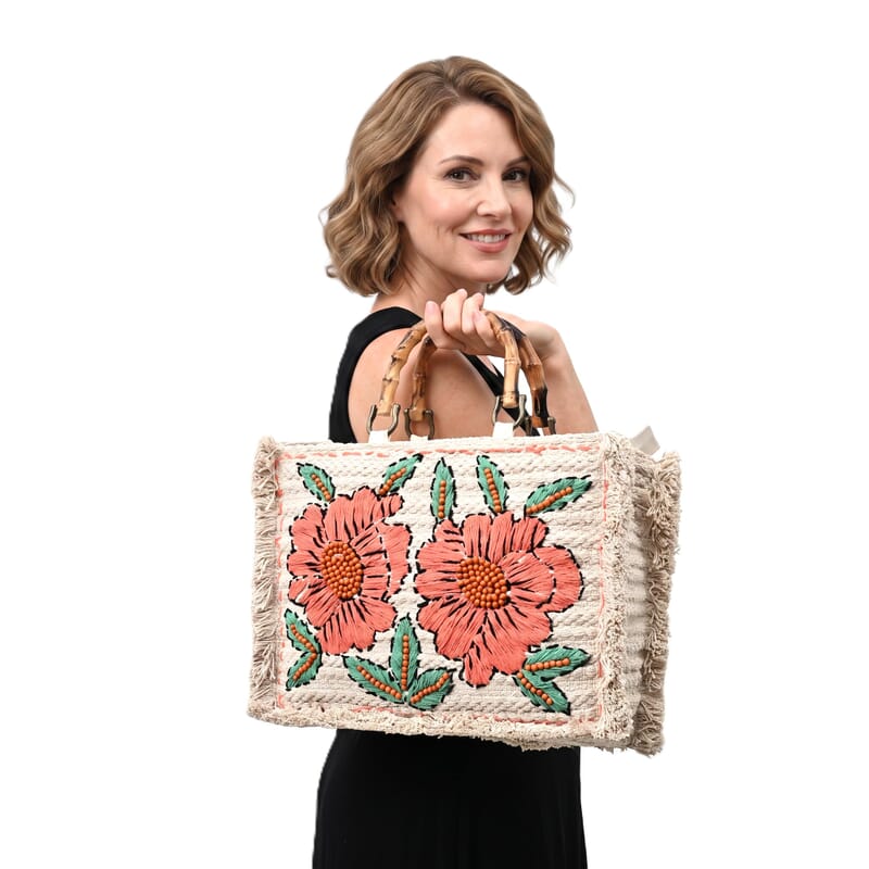 La Marey Beige Cotton Hand Embroidered Daisy Pattern Tote bag with Fringes