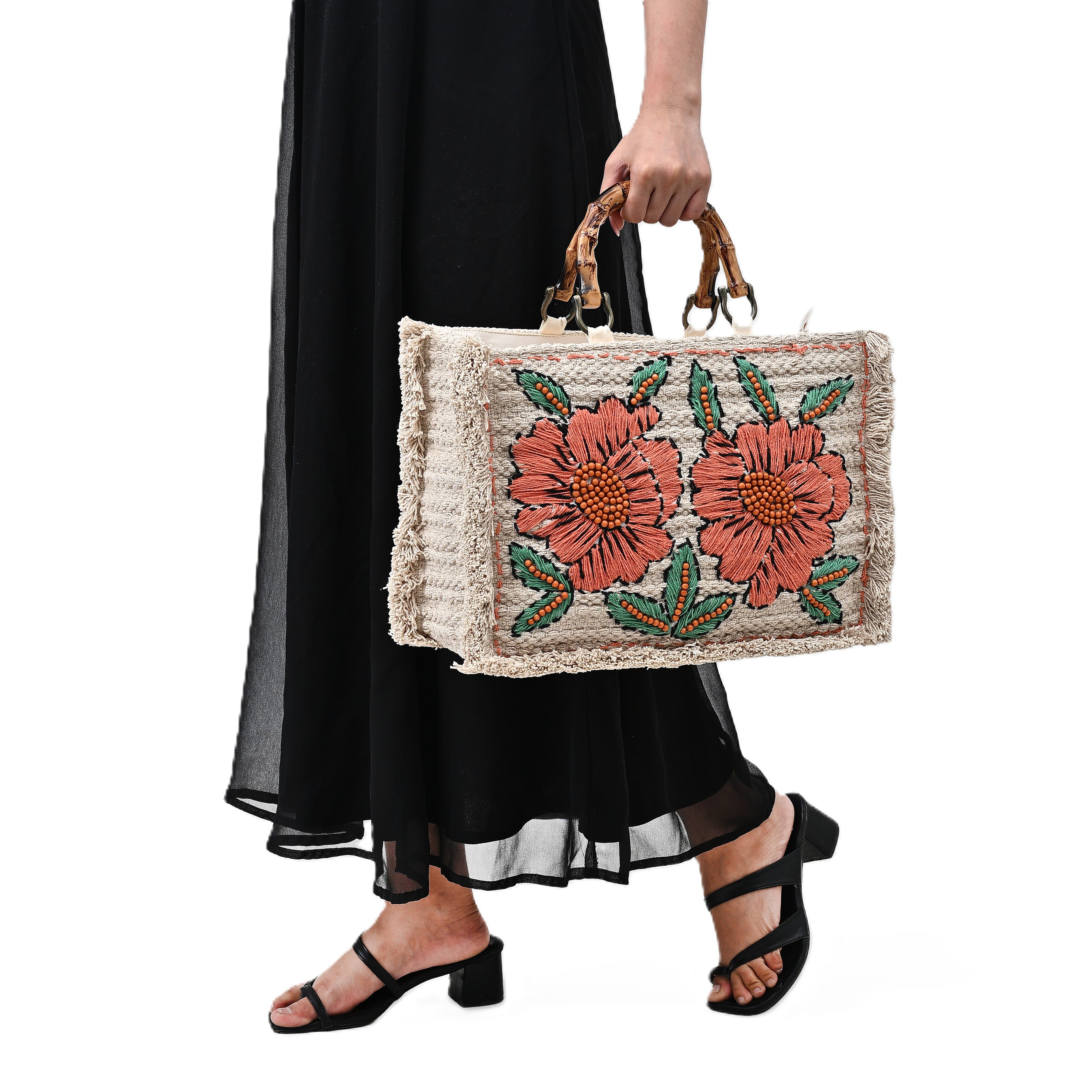 La Marey Beige Cotton Hand Embroidered Daisy Pattern Tote bag with Fringes