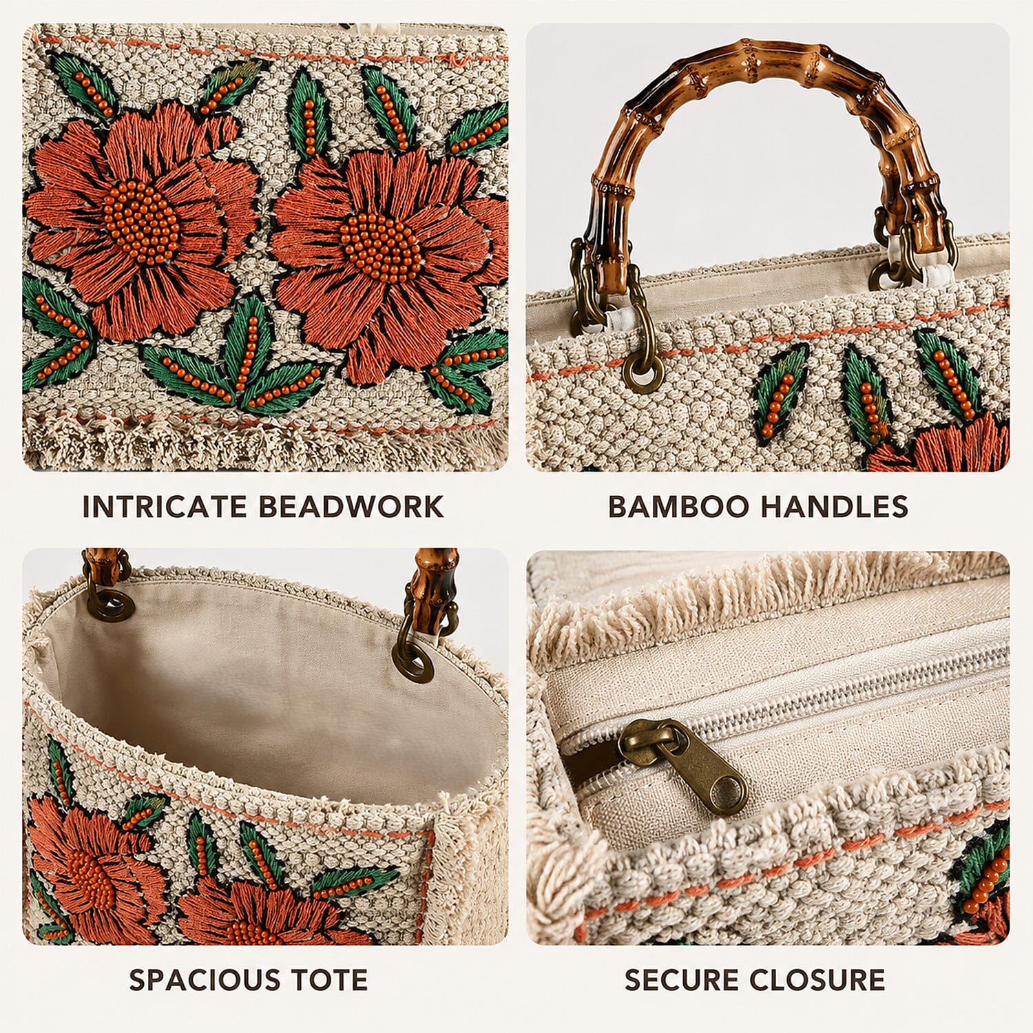 La Marey Beige Cotton Hand Embroidered Daisy Pattern Tote bag with Fringes
