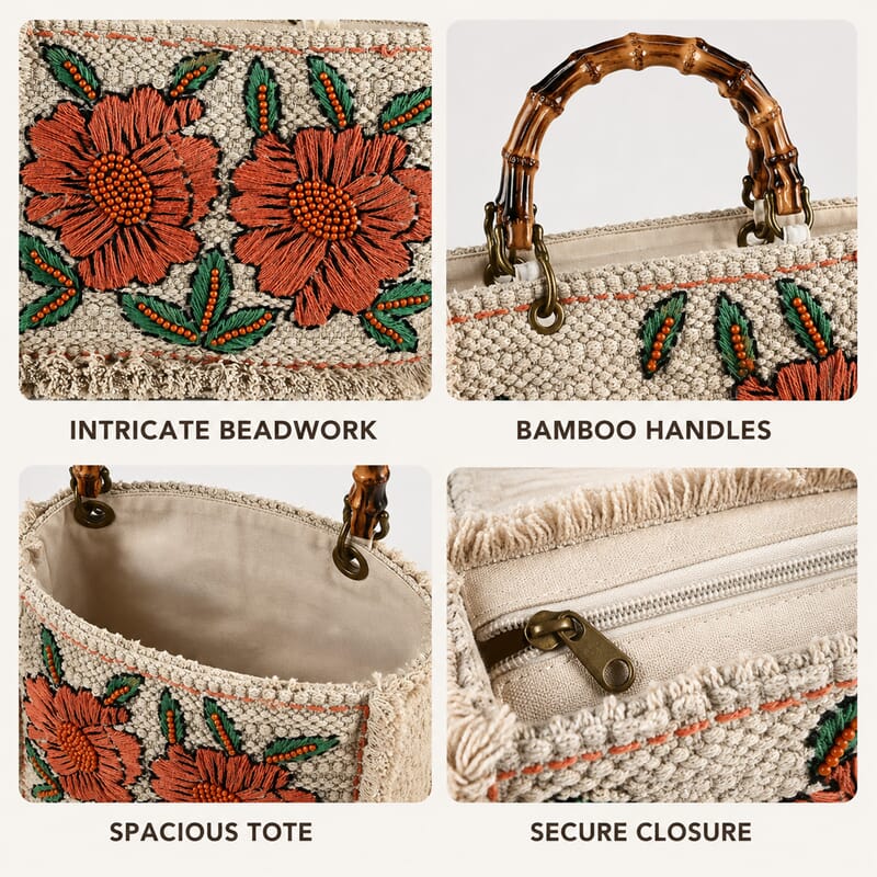 La Marey Beige Cotton Hand Embroidered Daisy Pattern Tote bag with Fringes