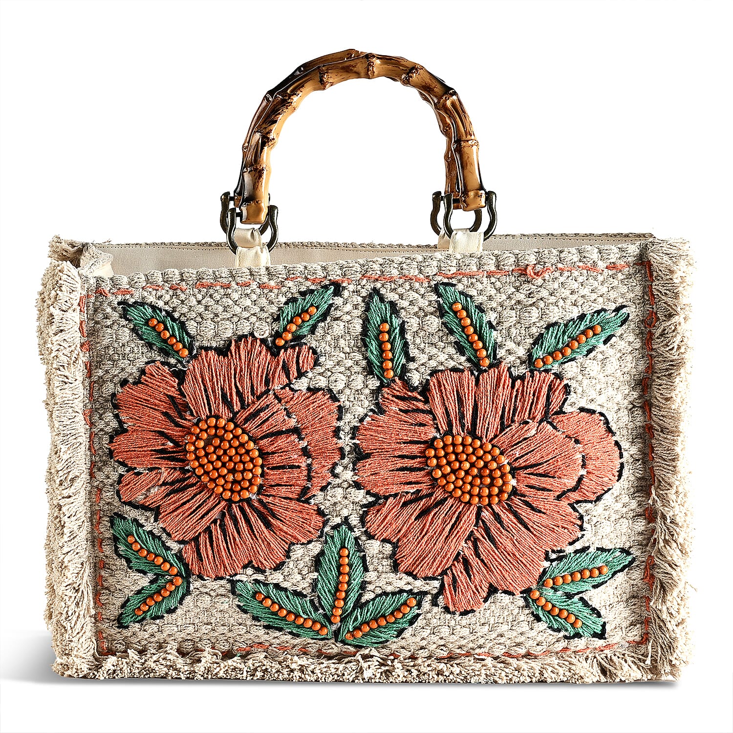 La Marey Beige Cotton Hand Embroidered Daisy Pattern Tote bag with Fringes