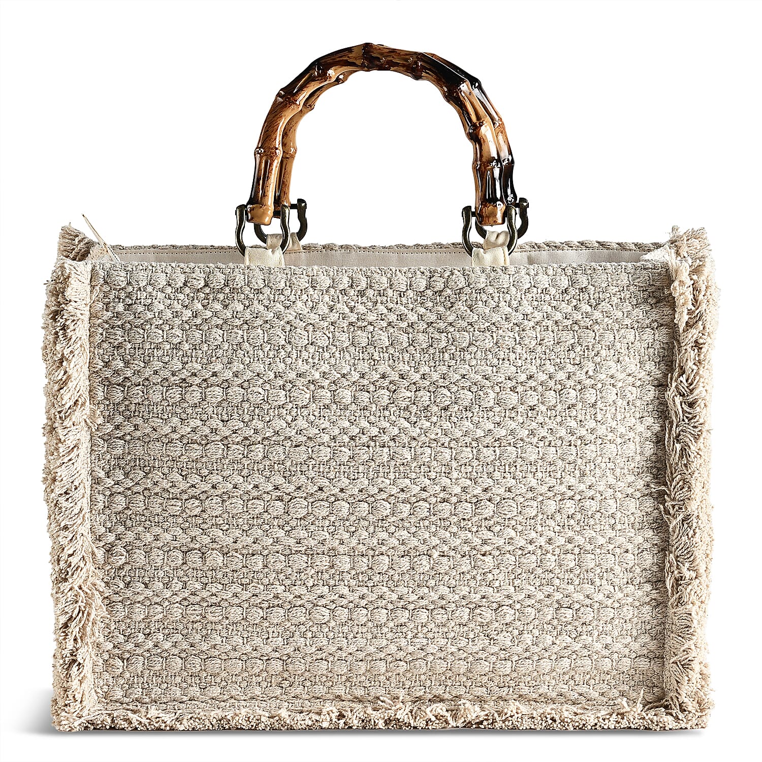 La Marey Beige Cotton Hand Embroidered Daisy Pattern Tote bag with Fringes