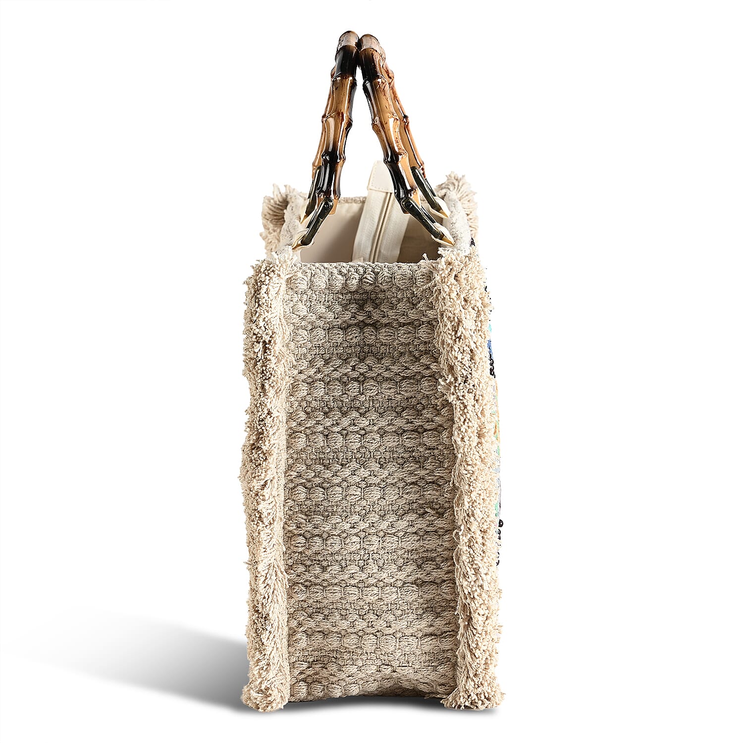 La Marey Beige Cotton Hand Embroidered Daisy Pattern Tote bag with Fringes