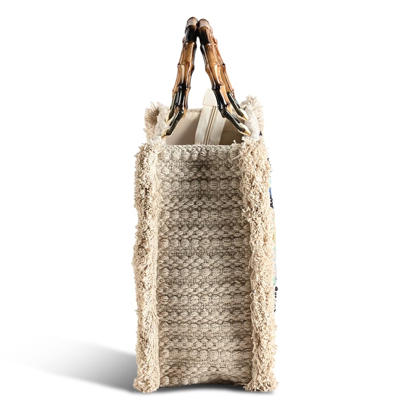 La Marey Beige Cotton Hand Embroidered Daisy Pattern Tote bag with Fringes