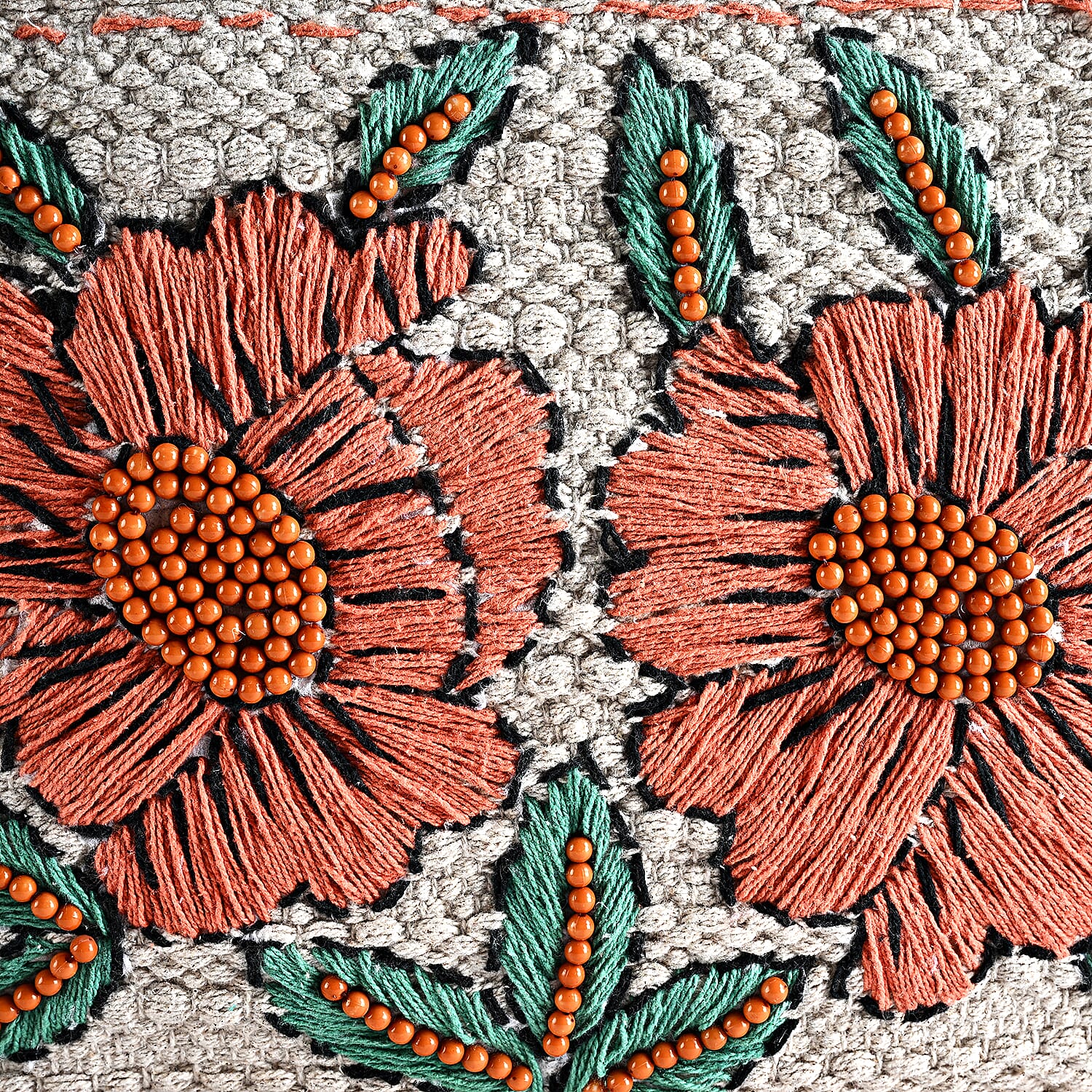 La Marey Beige Cotton Hand Embroidered Daisy Pattern Tote bag with Fringes