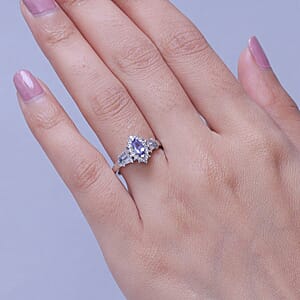 D'Joy Tanzanite and White Zircon 1.00 ctw Vintage Halo Ring in Rhodium Over Sterling Silver (Size 10.0)