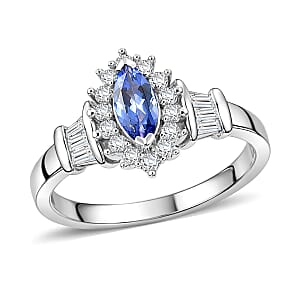 D'Joy Tanzanite and White Zircon 1.00 ctw Vintage Halo Ring in Rhodium Over Sterling Silver (Size 6.0)