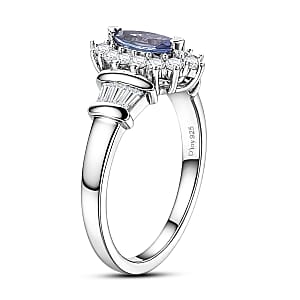 D'Joy Tanzanite and White Zircon 1.00 ctw Vintage Halo Ring in Rhodium Over Sterling Silver (Size 6.0)