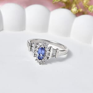 D'Joy Tanzanite and White Zircon 1.00 ctw Vintage Halo Ring in Rhodium Over Sterling Silver (Size 7.0)