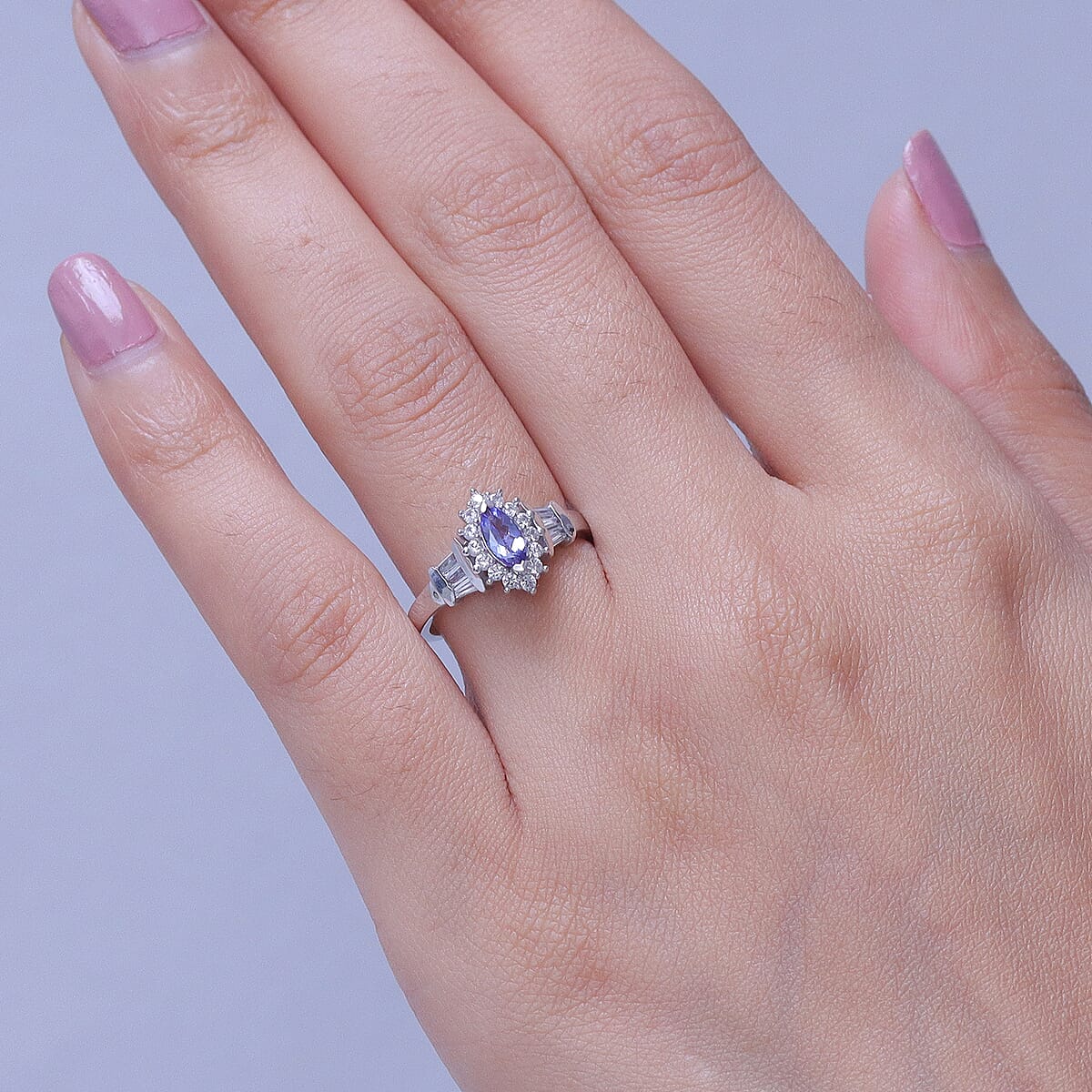 D'Joy Tanzanite and White Zircon 1.00 ctw Vintage Halo Ring in Rhodium Over Sterling Silver (Size 7.0) image number 2
