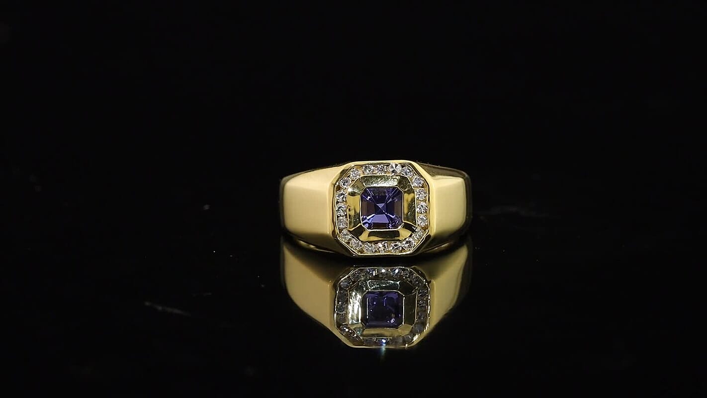Asscher Cut Tanzanite, Luxuriant Lab Grown Diamond (G-H, SI) (0.30 cts) Men's Ring in 18K Vermeil YG Over Sterling Silver (Size 10.0) 1.15 ctw