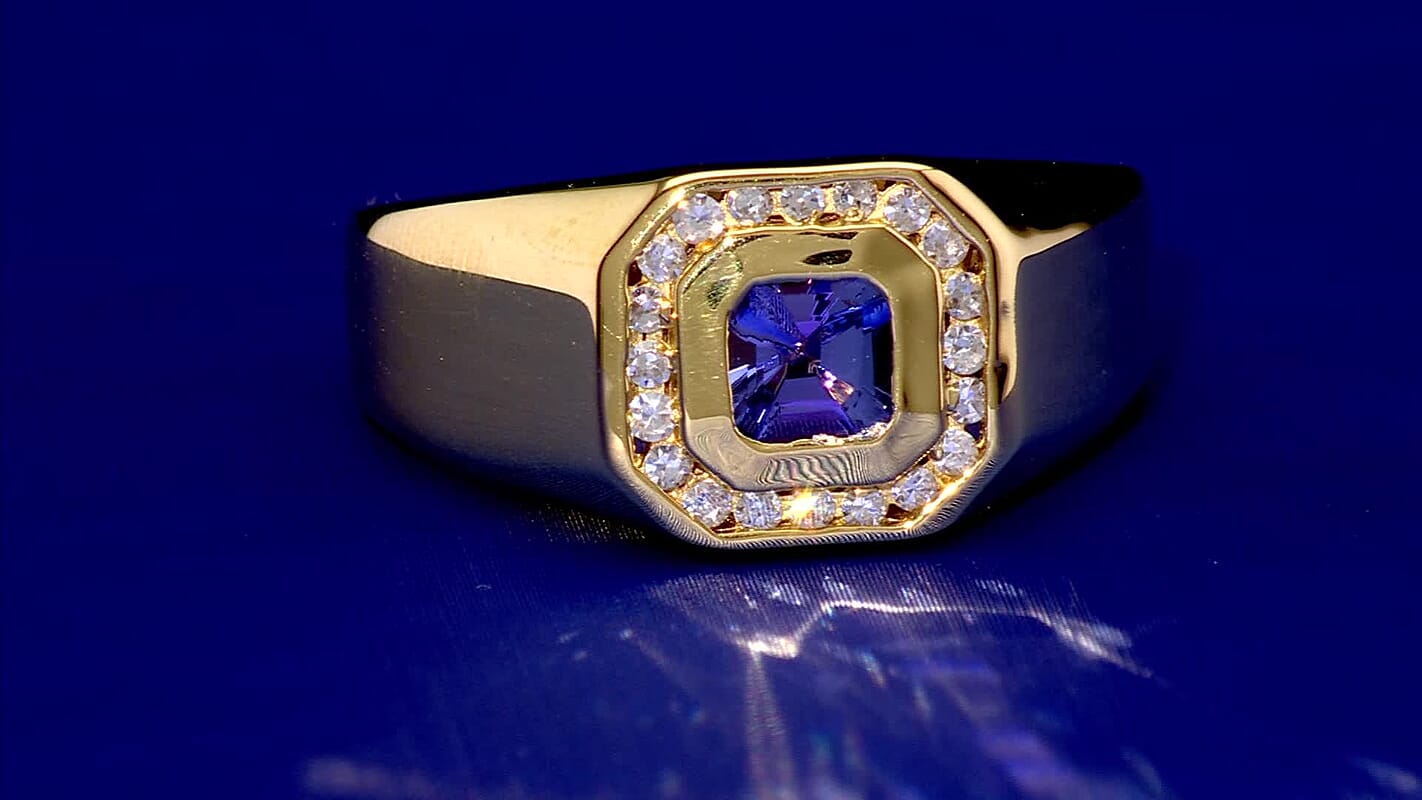 Asscher Cut Tanzanite, Luxuriant Lab Grown Diamond (G-H, SI) (0.30 cts) Men's Ring in 18K Vermeil YG Over Sterling Silver (Size 10.0) 1.15 ctw