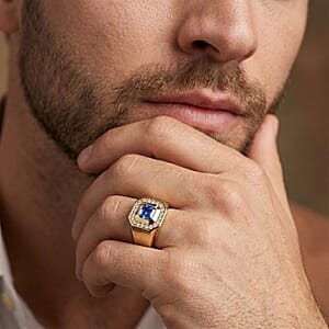 Asscher Cut Tanzanite and Luxuriant Lab Grown Diamond G-H SI 1.15 ctw Men's Ring in 18K Vermeil Yellow Gold Over Sterling Silver (Size 10.0)