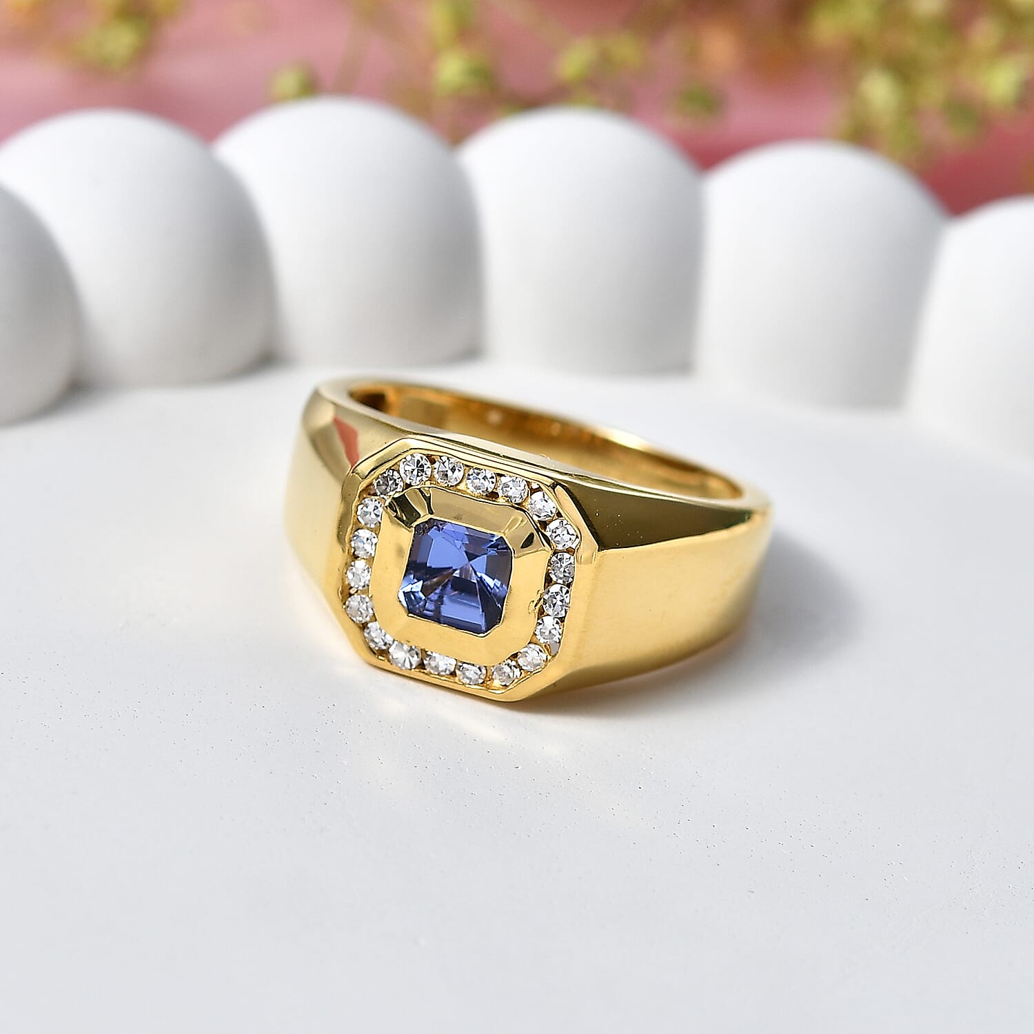 Asscher Cut Tanzanite and Luxuriant Lab Grown Diamond G-H SI 1.15 ctw Men's Ring in 18K Vermeil Yellow Gold Over Sterling Silver (Size 13.0)