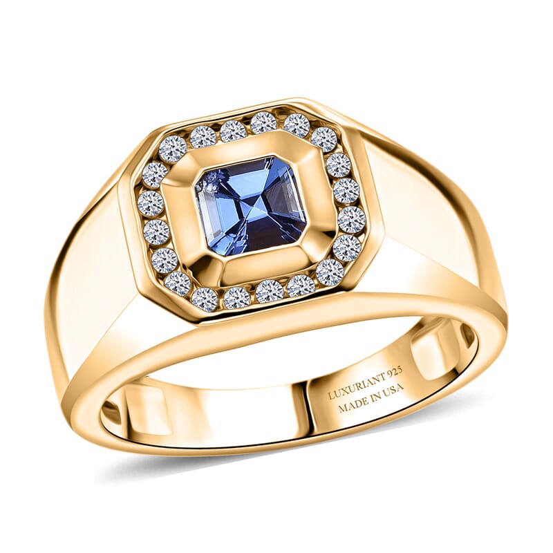 Asscher Cut Tanzanite and Luxuriant Lab Grown Diamond G-H SI 1.15 ctw Men's Ring in 18K Vermeil Yellow Gold Over Sterling Silver (Size 14.0)