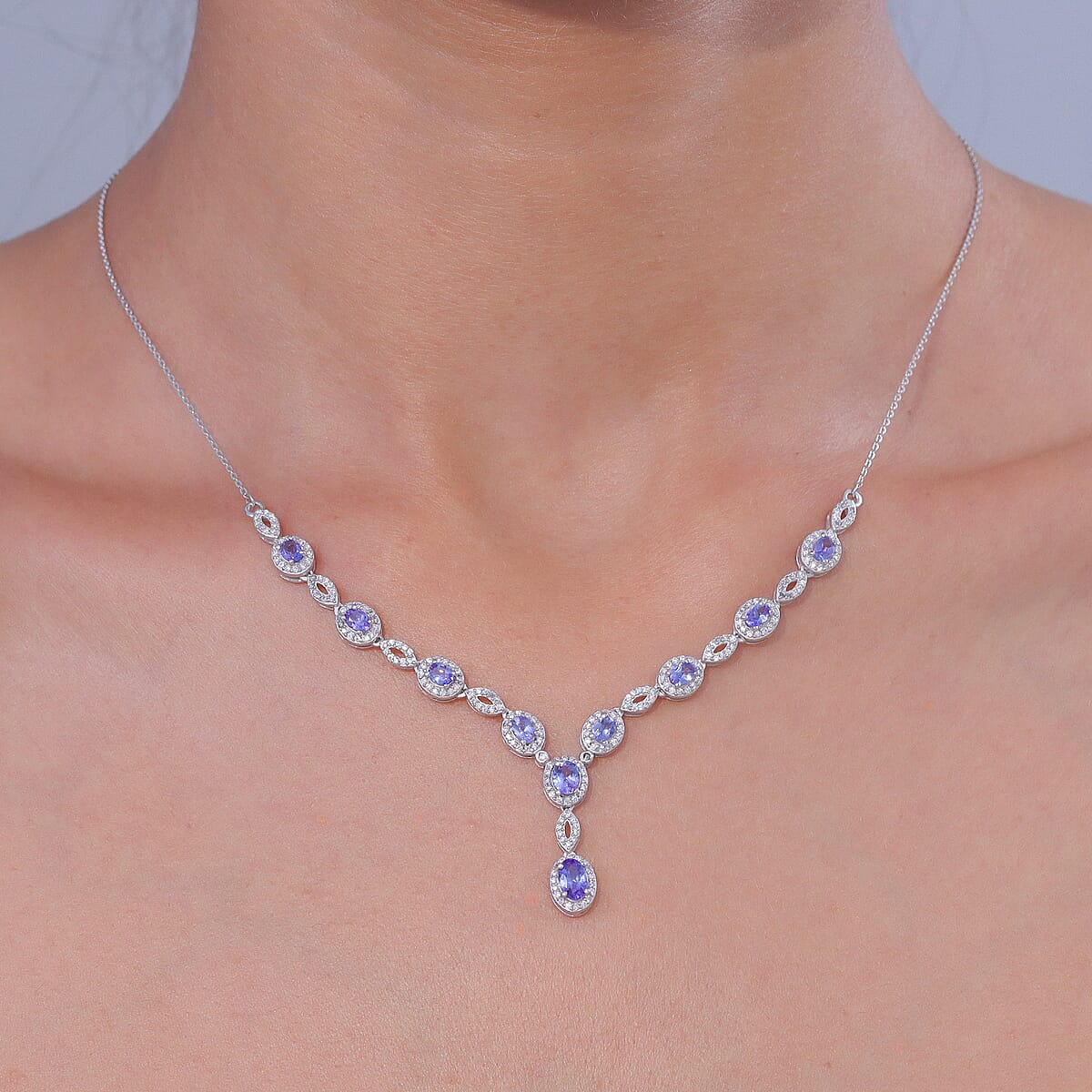 D'Joy Tanzanite and Moissanite 3.15 ctw Flowing Vine Neckalce in Rhodium Over Sterling Silver 18-20 Inches image number 2