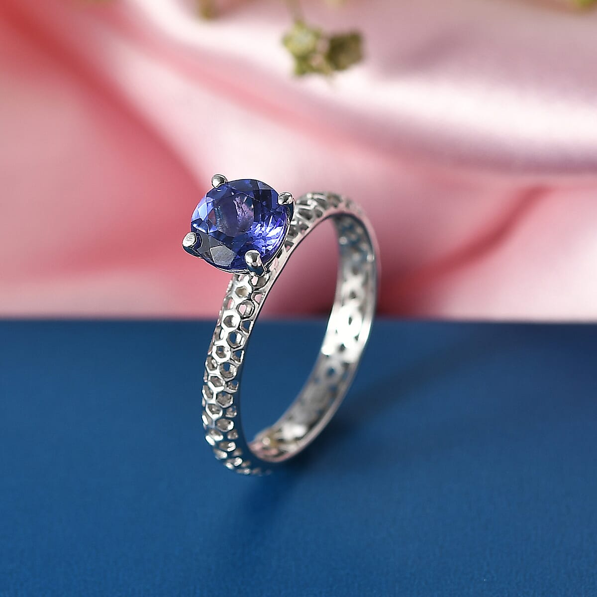 D'Joy Premium Tanzanite 1.20 ctw Hive Lattice Solitaire Ring in Rhodium Over Sterling Silver (Size 6.0) image number 1