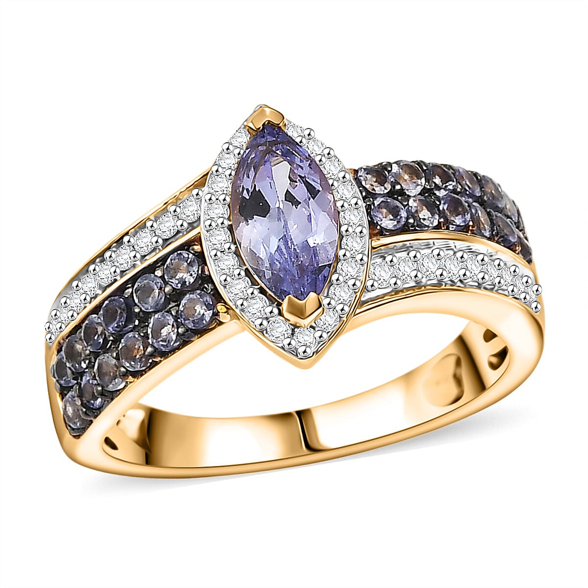D'Joy Tanzanite, Moissanite Olive Spark Band Ring in 18K Vermeil YG Over Sterling Silver (Size 10.0) 1.25 ctw