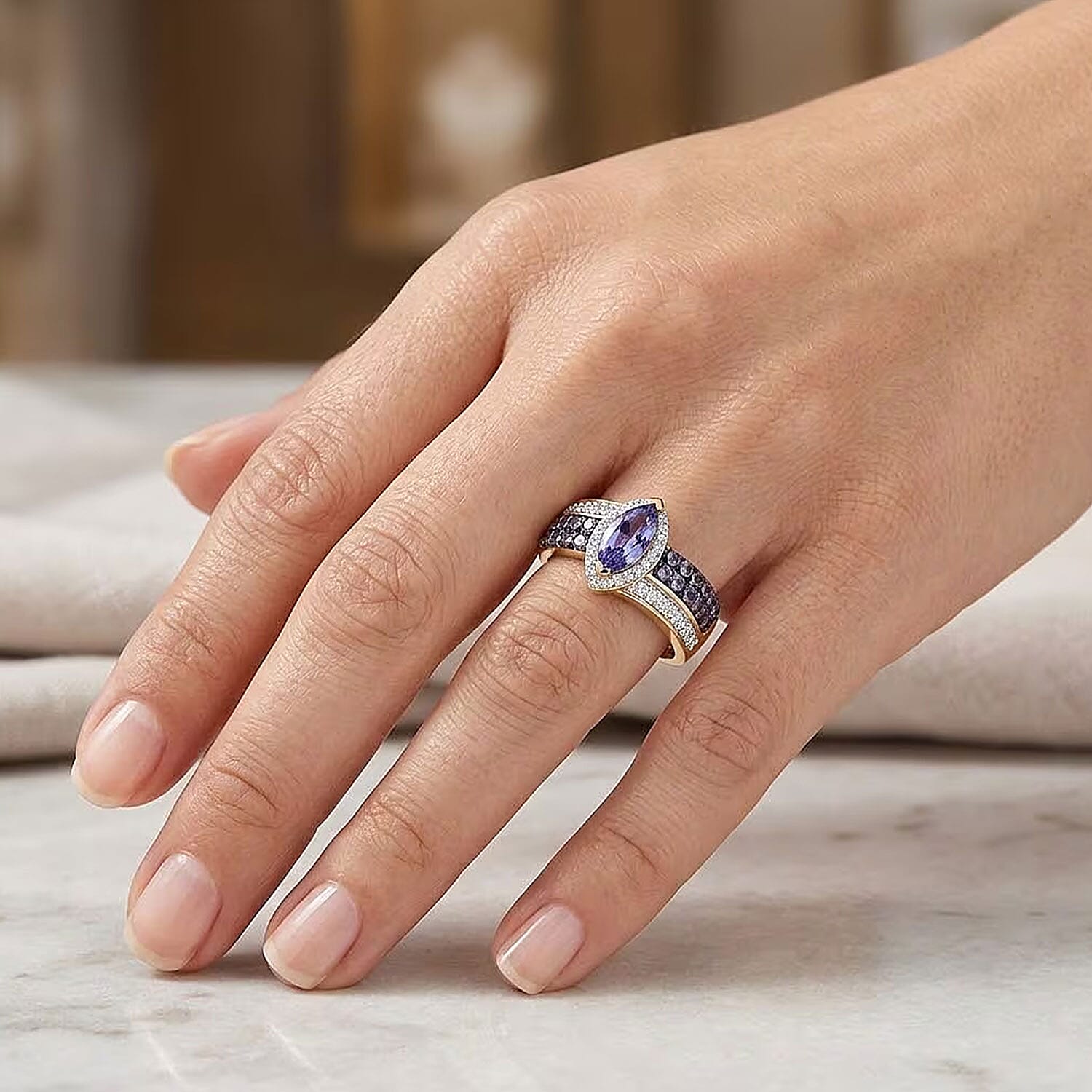 D'Joy Tanzanite and Moissanite 1.25 ctw Olive Spark Band Ring in 18K Vermeil Yellow Gold Over Sterling Silver (Size 10.0)