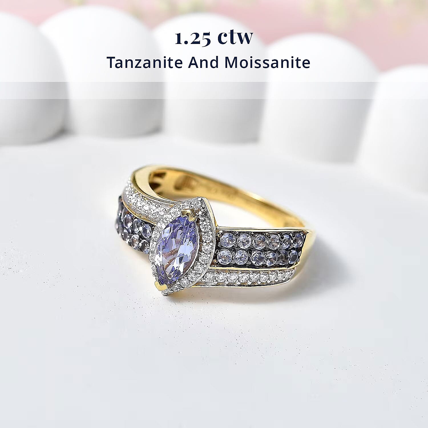 D'Joy Tanzanite and Moissanite 1.25 ctw Olive Spark Band Ring in 18K Vermeil Yellow Gold Over Sterling Silver (Size 10.0)