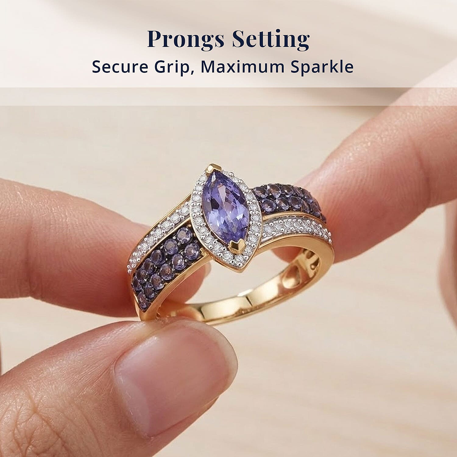 D'Joy Tanzanite and Moissanite 1.25 ctw Olive Spark Band Ring in 18K Vermeil Yellow Gold Over Sterling Silver (Size 10.0)