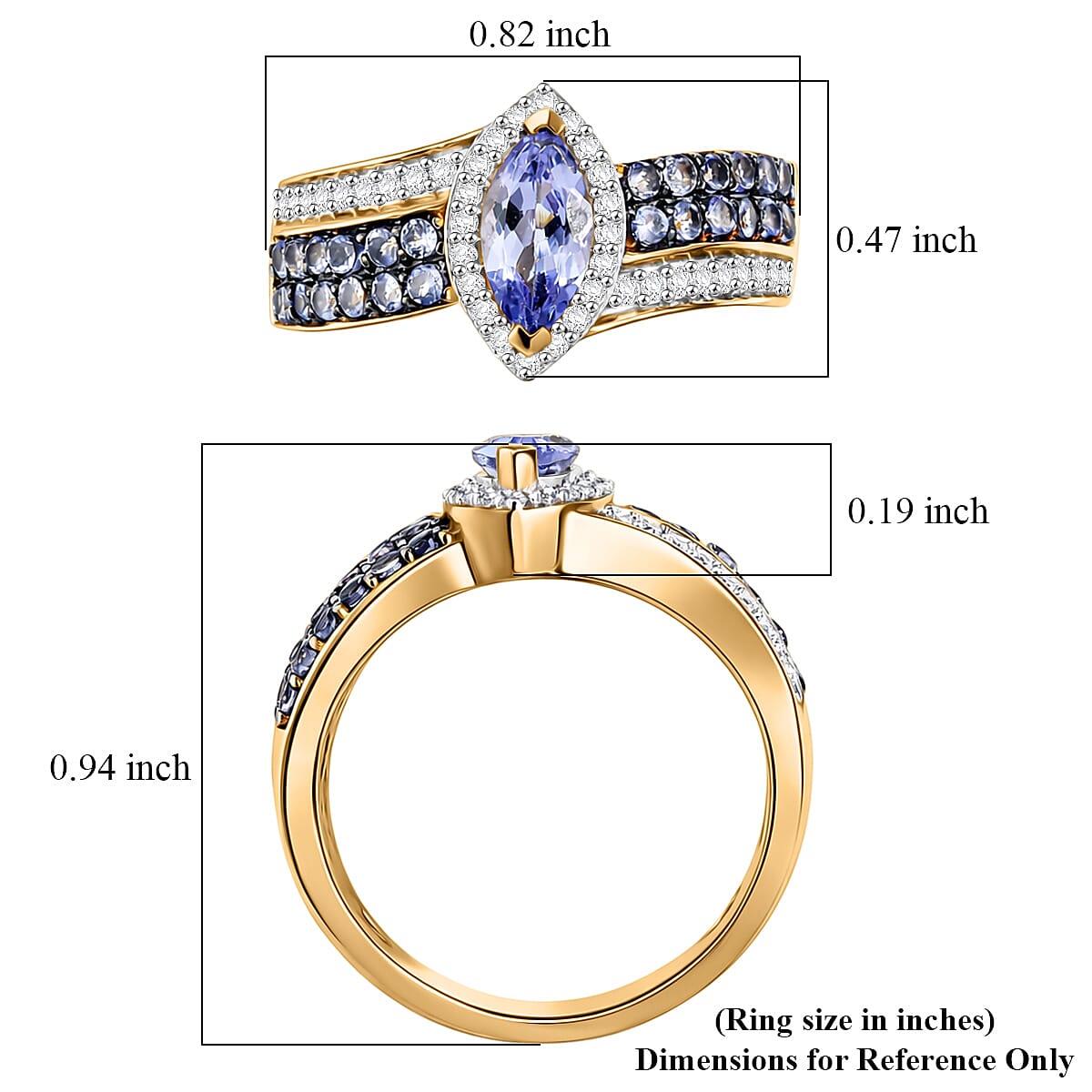 D'Joy Tanzanite, Moissanite Olive Spark Band Ring in 18K Vermeil YG Over Sterling Silver (Size 10.0) 1.25 ctw image number 5