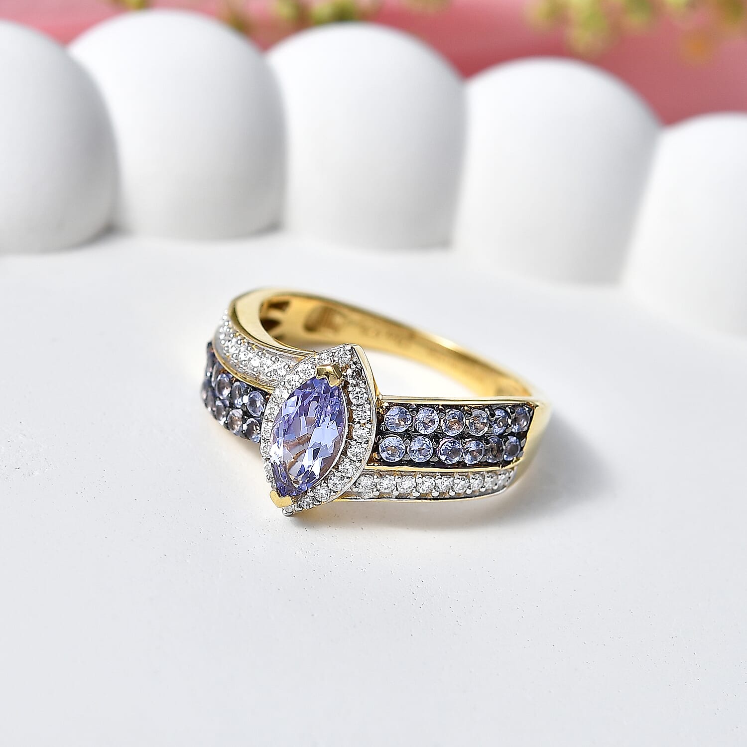 D'Joy Tanzanite and Moissanite 1.25 ctw Olive Spark Band Ring in 18K Vermeil Yellow Gold Over Sterling Silver (Size 6.0)