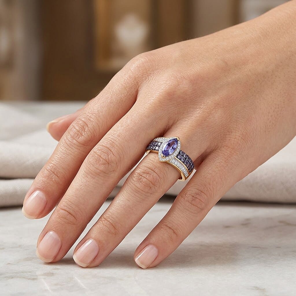 D'Joy Tanzanite and Moissanite 1.25 ctw Olive Spark Band Ring in 18K Vermeil Yellow Gold Over Sterling Silver (Size 6.0)