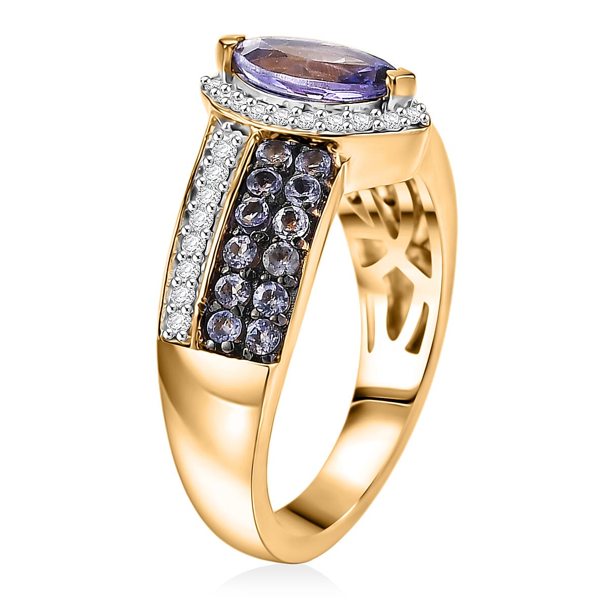 D'Joy Tanzanite and Moissanite 1.25 ctw Olive Spark Band Ring in 18K Vermeil Yellow Gold Over Sterling Silver (Size 6.0)