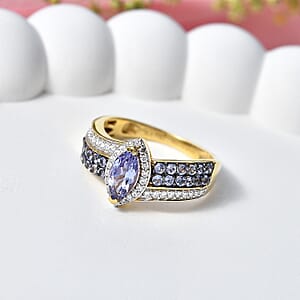 D'Joy Tanzanite and Moissanite 1.25 ctw Olive Spark Band Ring in 18K Vermeil Yellow Gold Over Sterling Silver (Size 7.0)