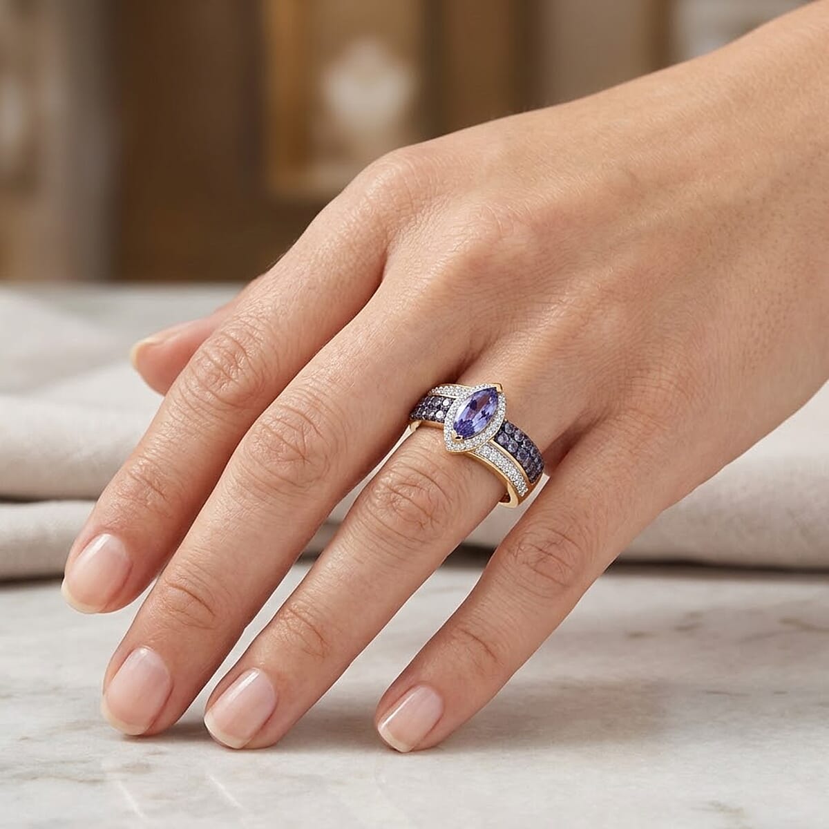 D'Joy Tanzanite and Moissanite 1.25 ctw Olive Spark Band Ring in 18K Vermeil Yellow Gold Over Sterling Silver (Size 9.0) image number 2