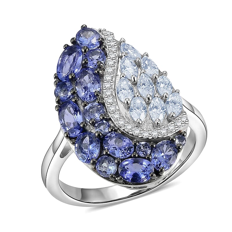 D'Joy Tanzanite and Moissanite 2.65 ctw Nature Luxe Leaf Ring in Rhodium Over Sterling Silver (Size 6.0)