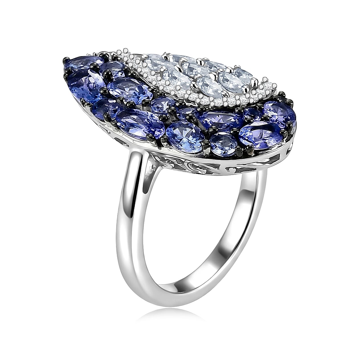 D'Joy Tanzanite and Moissanite 2.65 ctw Nature Luxe Leaf Ring in Rhodium Over Sterling Silver (Size 6.0) image number 3