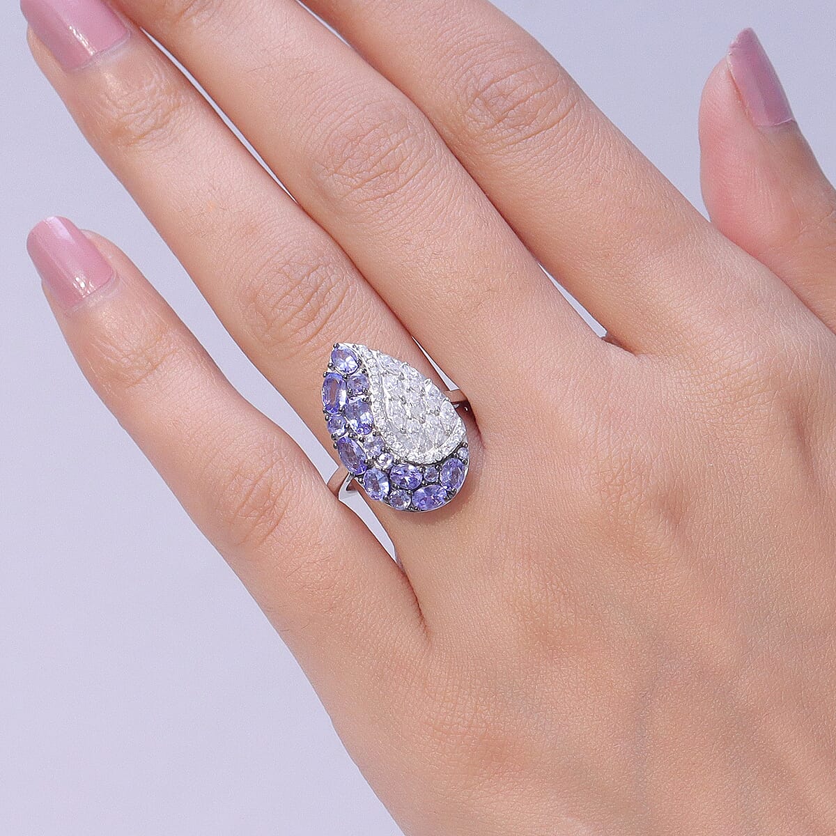 D'Joy Tanzanite and Moissanite 2.65 ctw Nature Luxe Leaf Ring in Rhodium Over Sterling Silver (Size 7.0) image number 2