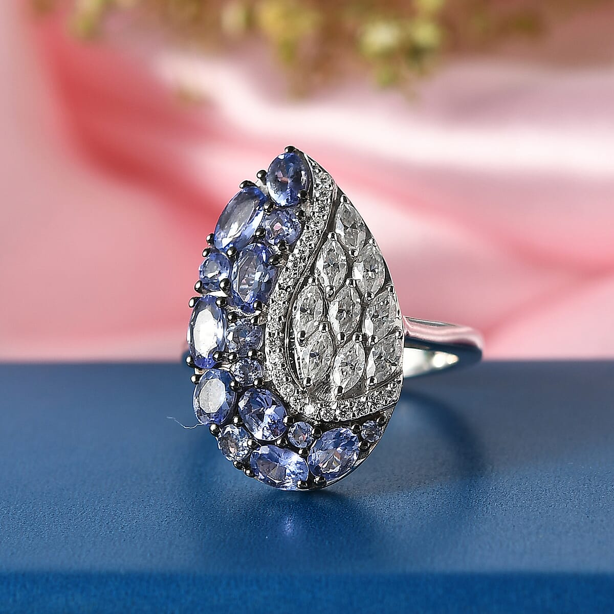 D'Joy Tanzanite and Moissanite 2.65 ctw Nature Luxe Leaf Ring in Rhodium Over Sterling Silver (Size 8.0) image number 1