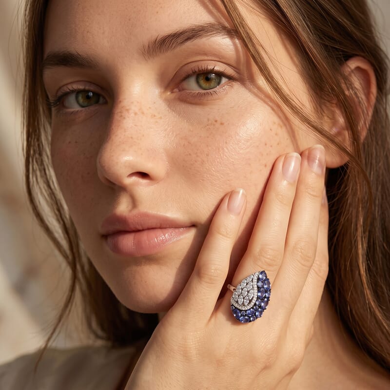 D'Joy Tanzanite and Moissanite 2.65 ctw Nature Luxe Leaf Ring in Rhodium Over Sterling Silver (Size 8.0)