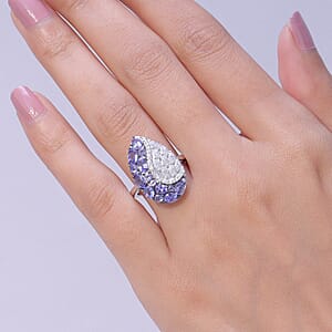 D'Joy Tanzanite and Moissanite 2.65 ctw Nature Luxe Leaf Ring in Rhodium Over Sterling Silver (Size 8.0)