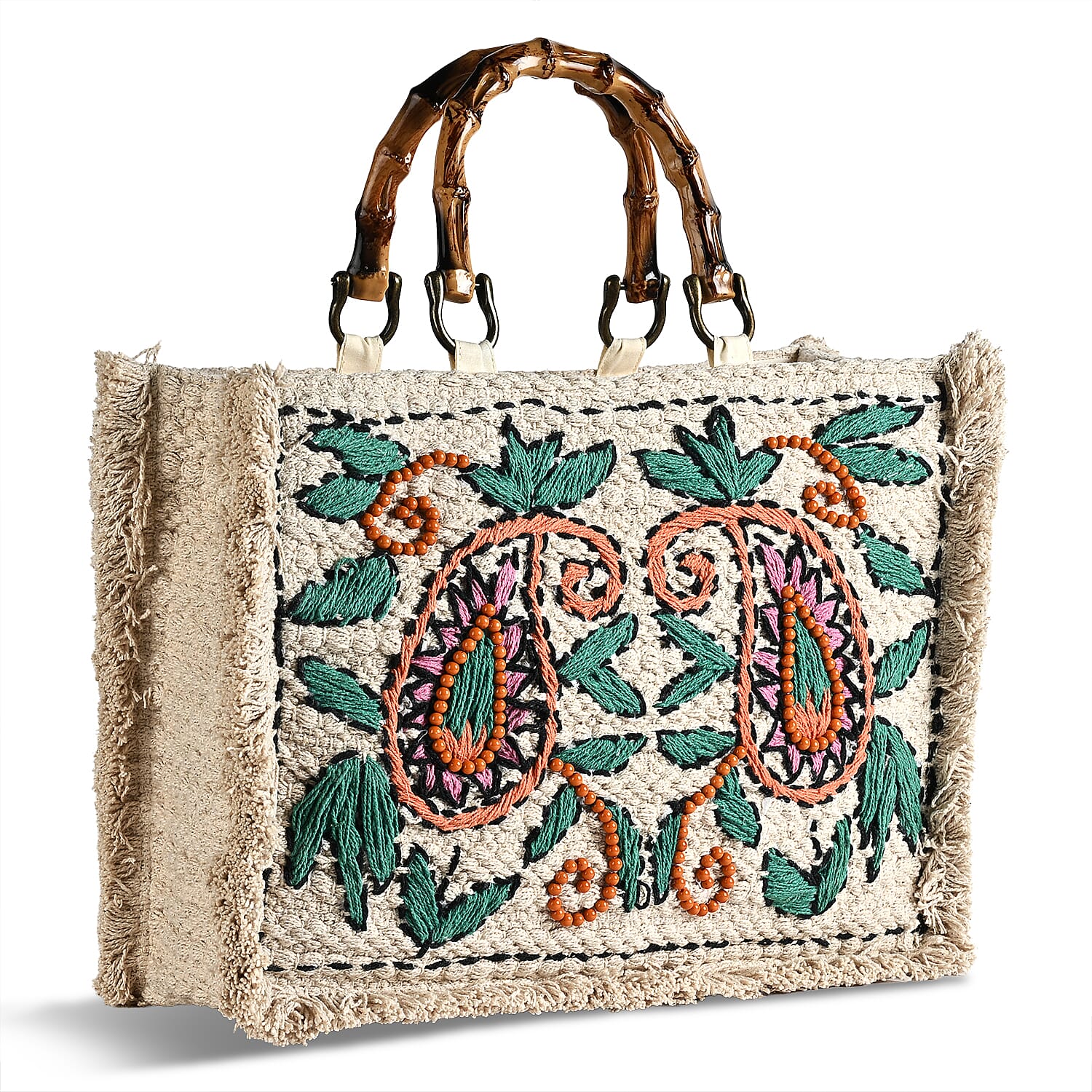 La Marey Beige Cotton Hand Embroidered Kashmiri Paisley Pattern Tote bag with Fringes