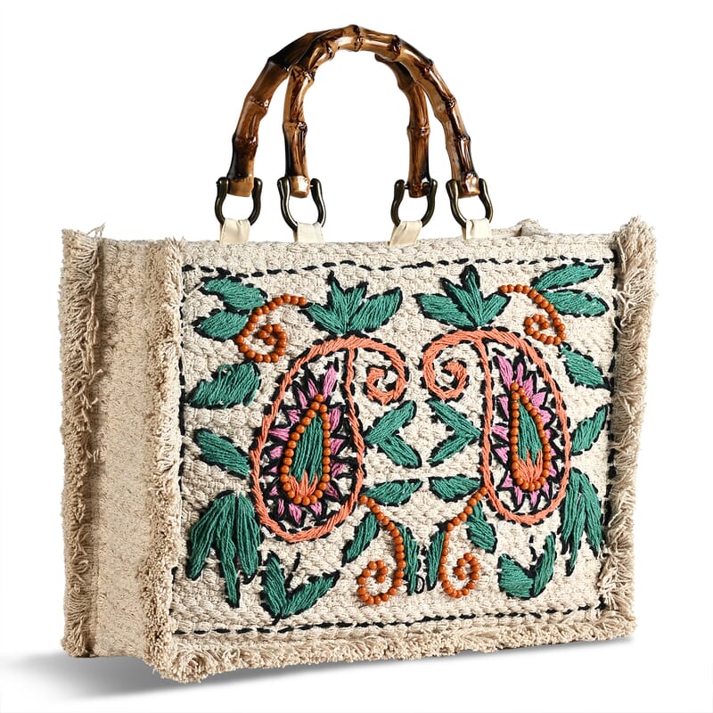 La Marey Beige Cotton Hand Embroidered Kashmiri Paisley Pattern Tote bag with Fringes