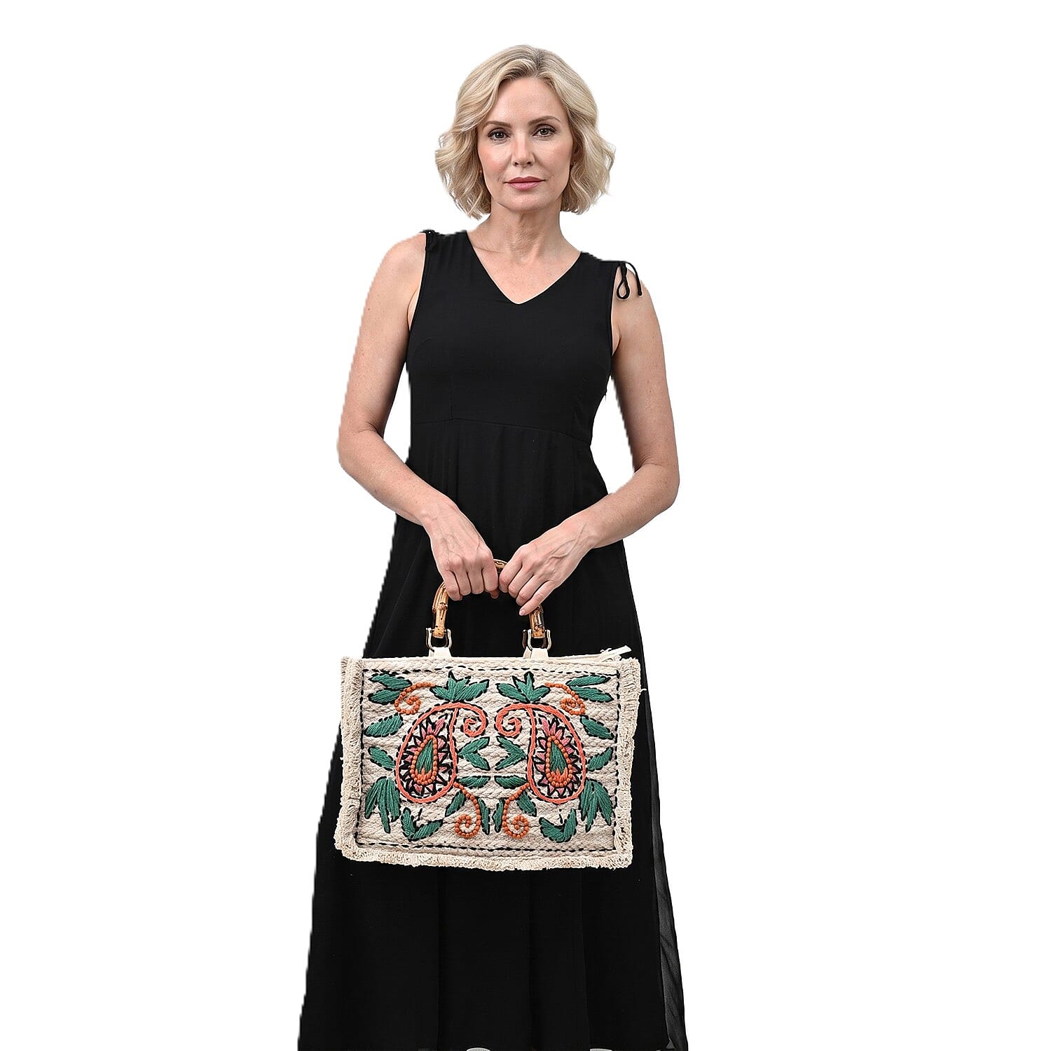 La Marey Beige Cotton Hand Embroidered Kashmiri Paisley Pattern Tote bag with Fringes